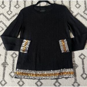 MAGASHONI Black Mohair Blend Sequin Trim Long Sleeve Pullover Sweater Sz M